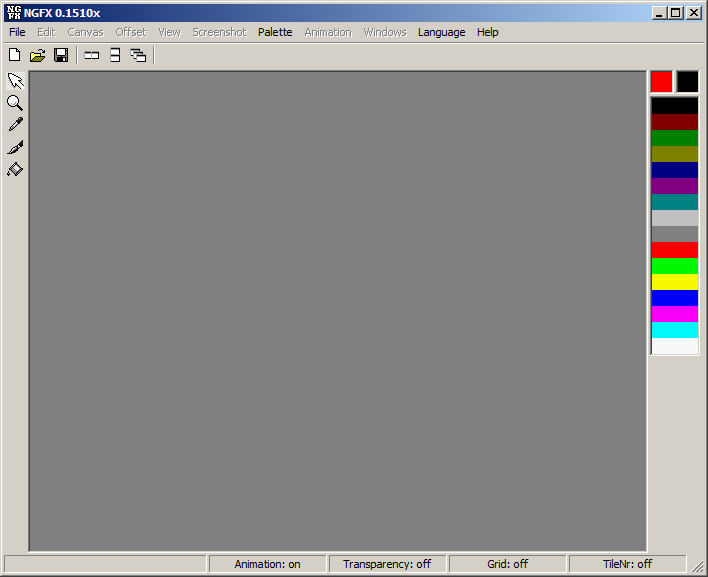 A picture of the main interface of NGFX without any files open. On the left is a toolbar with five items. The right side has a view of the current palette.
