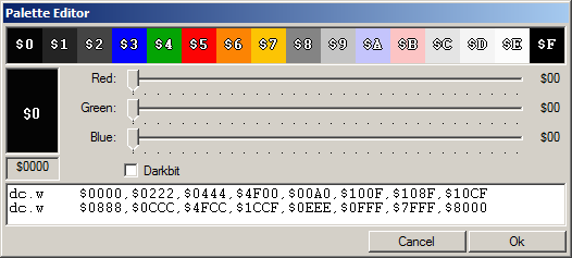 A picture of NGFX's palette editor. The top contains 16 color entries; the middle has a preview of the selected color, three sliders for editing Red, Green, and Blue, a hex representation of the color, and the Darkbit flag. Below that is a text area containing assembly directives for using the colors in your code.